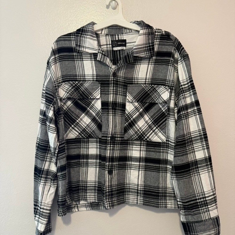 Original Use Mens Boxy Flannel Shirt Black White Plaid Relaxed Drop Shoulder L